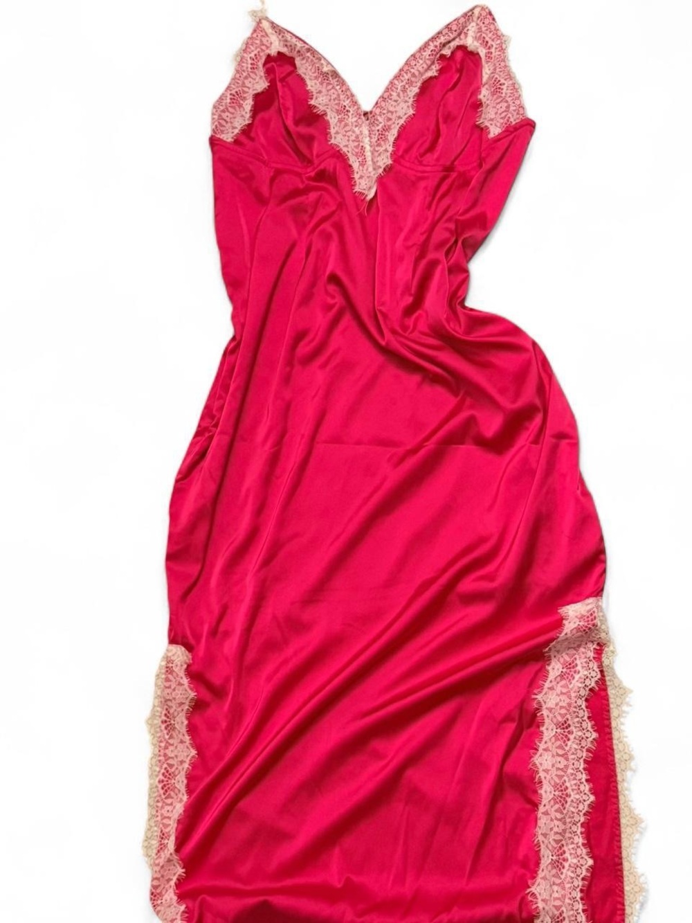 Women's Pink Satin Lace-Trim Slip Dress